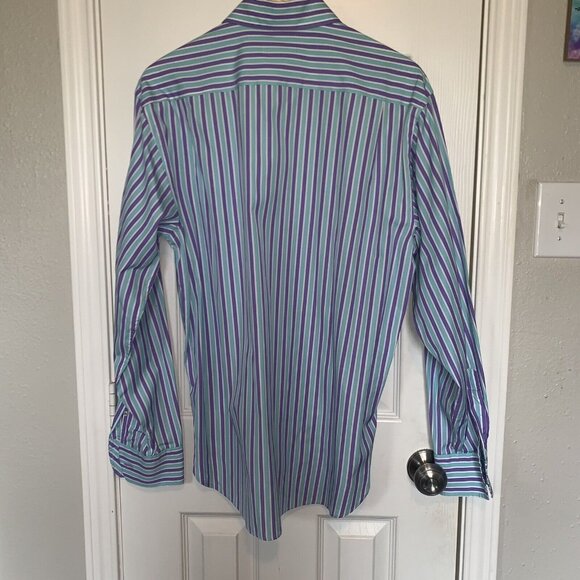 Equilibrio Milano Purple Teal Striped Button Down Long Sleeved Shirt Size Large - Picture 5 of 7